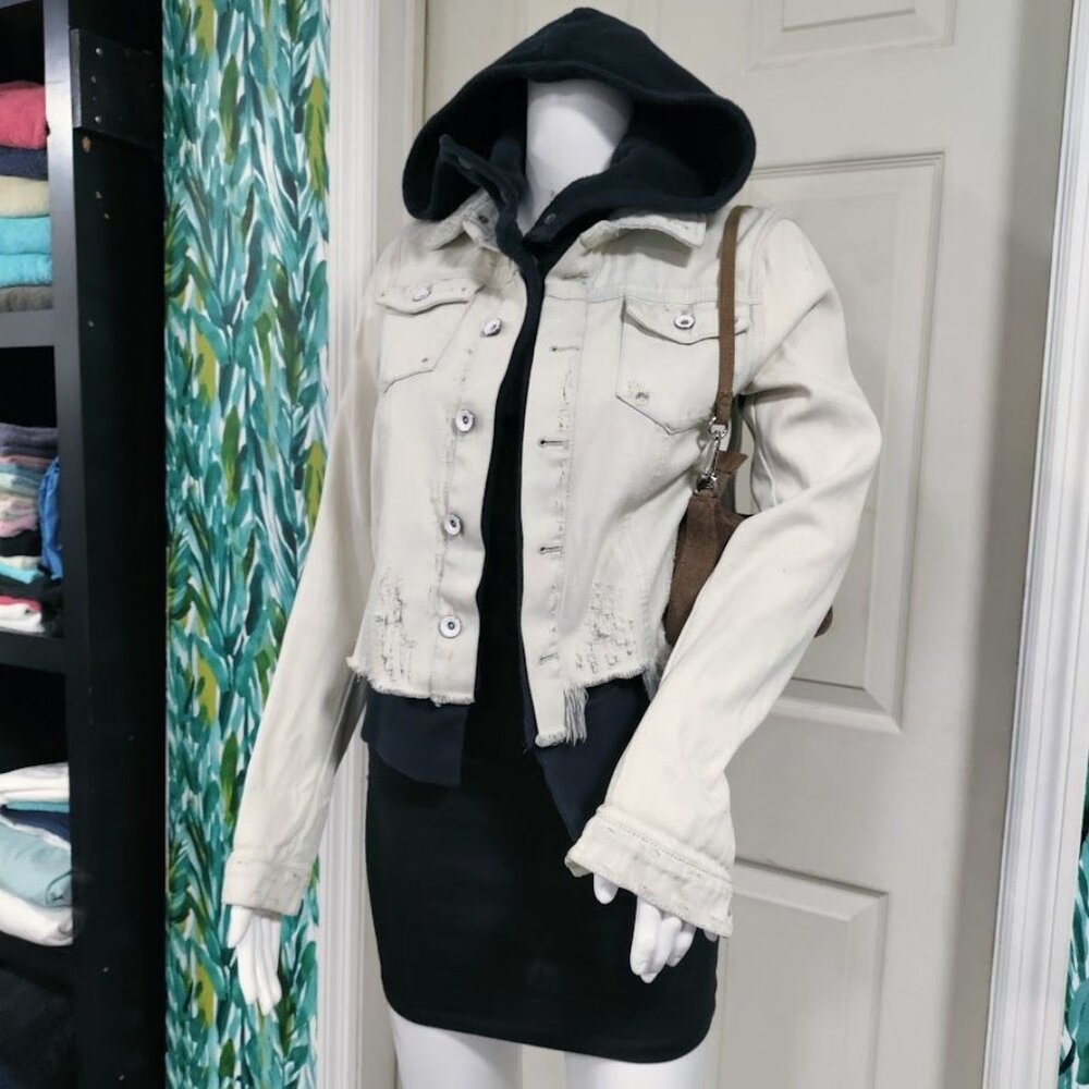 Free People Distressed Skater Grunge Layered Denim Jacket Ivory Black Size XS - Picture 8 of 15